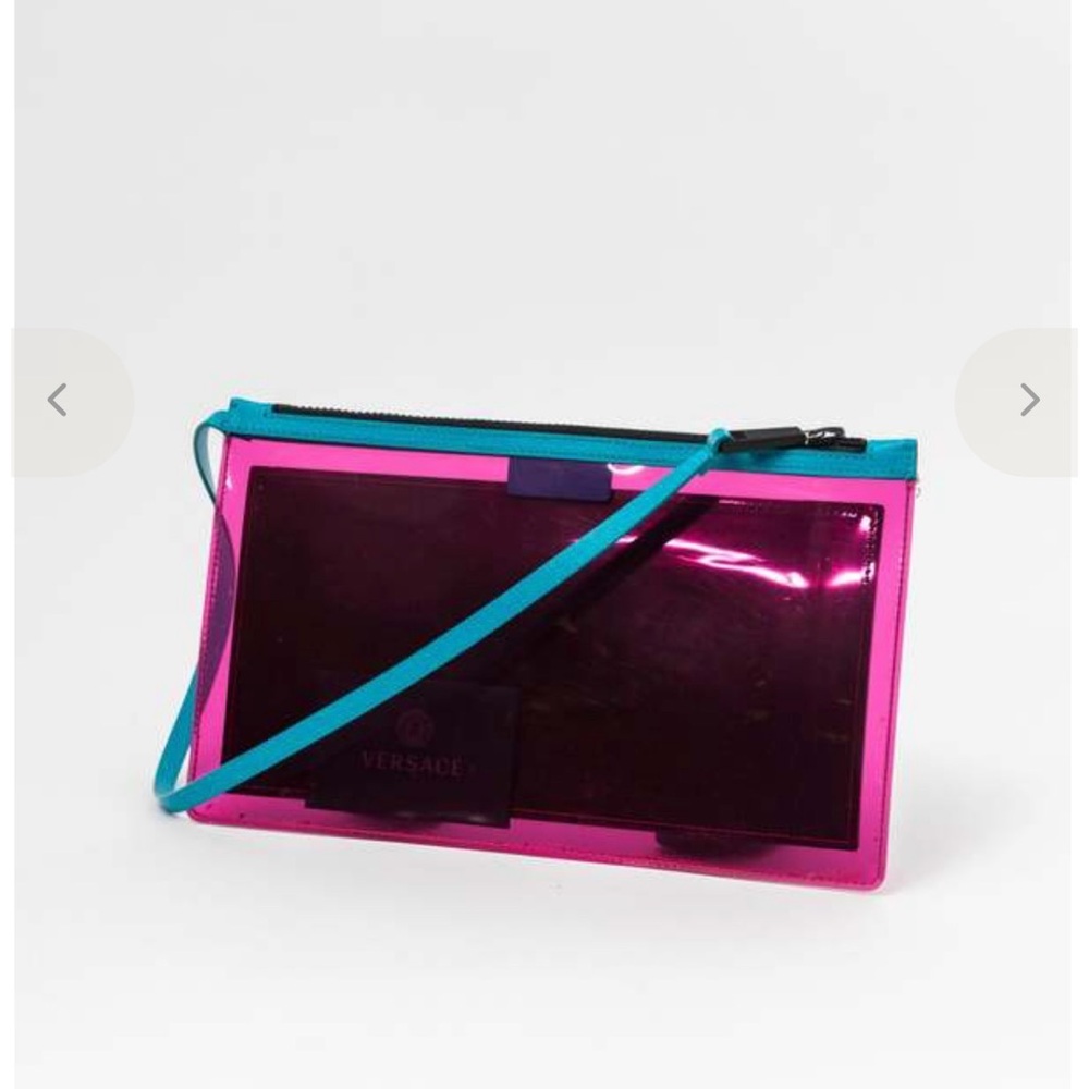 Authentic Versace Pink, Yellow & Turquoise Logo Zip Clutch - Picture 2 of 5